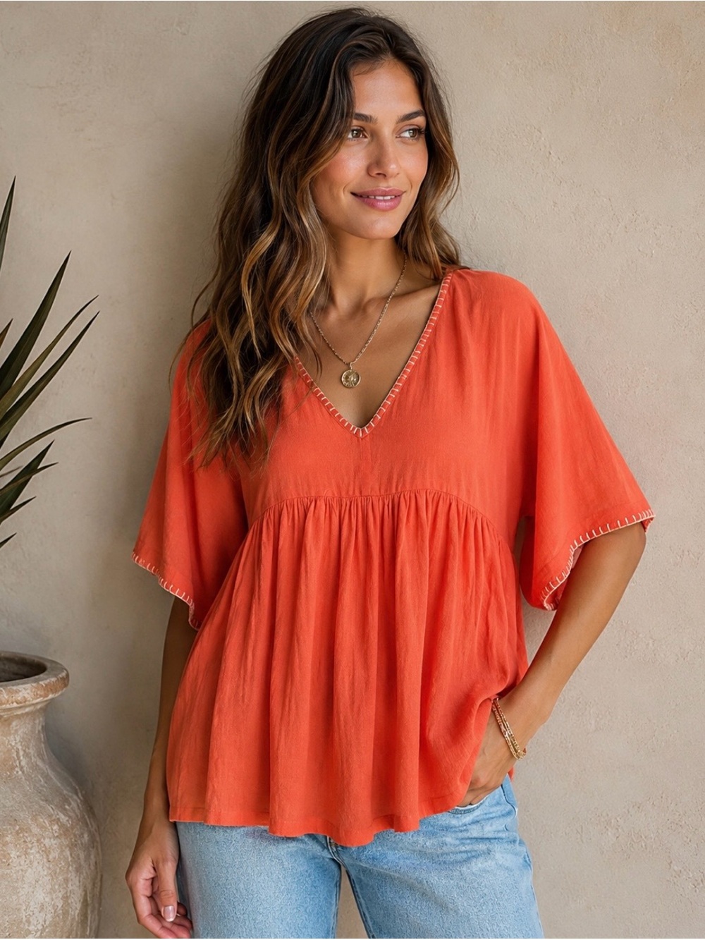 Sundance Women’s Size S Coral Orange Cotton Babydoll Peasant Blouse Boho V Neck